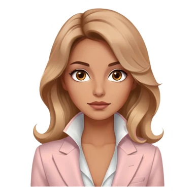 A 30-year-old woman with tanned skin, light brown long wavy hair, delicate face, almond-shaped eyes with smoky foxy eye makeup, brown eyes, wearing a light pink blazer and white satin cowl neck blouse with thin straps sticker