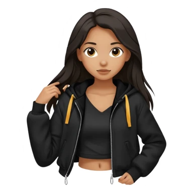  Siyah uzun saçlı ceket giyen esmerimsi kız fazla esmer değil siyah ceket  polar ceket ceket gevşek biraz omzundan çıkıyormuş gibi ve bugday ten rengi soltaraftaki omzundan çıkık sadece içinde de siyah crop var crop omzundan bağlı ve sadece sol omzundan gevşek ceket  sticker