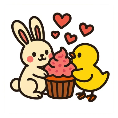 bunny and chick sharing cupcake with hearts floating, vibrant toon style sticker