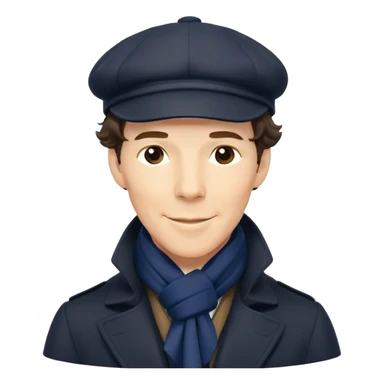 sherlock holmes benedict cumberbatch smile, wearing a deerstalker hat, Long dark coat, Dark suits, dark Blue scarf sticker