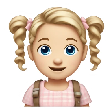 A toddler girl with 2 tiny pig tails on top of her hair with tiny bows, fair skin, blue eyes, light brown hair, smiling, wearing a pastel shirt sticker