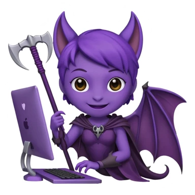 a happy purple girlie bat holding a scythe while sitting in front of her computer sticker