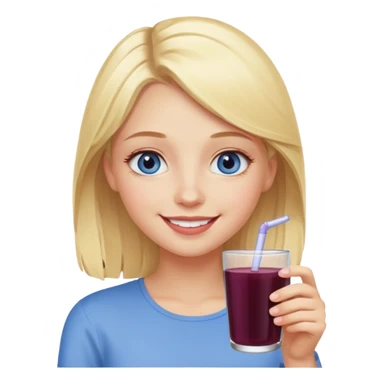 blonde girl with blue eyes drinking elderberry juice, smiling sticker