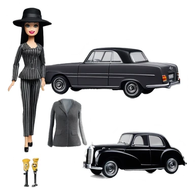 Bouclé Beauty Lingerie Barbie, 1965 Morticia Addams from academy, in dark-gray and black striped outfit with hat. Driving 1965 Mercedes 190 sticker
