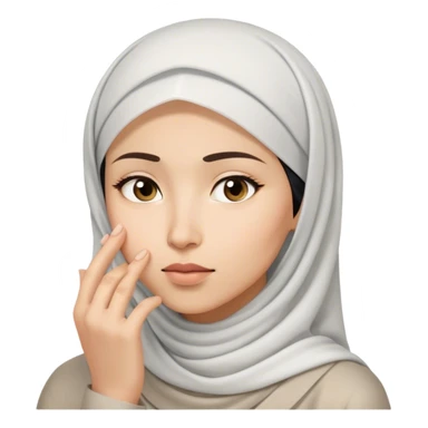 a white asian Muslim woman are thinking something. Her eyes rolling to up right. Her hand touching face. sticker