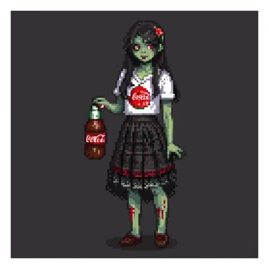 Generate an Asian girl, dark-haired, she's a zombie, wearing a skirt with lace, slightly torn,
Holding a bottle of Coca-Cola in her hands.
Background: a dark street in the style of Gotham City  sticker
