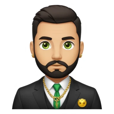green eyes, dark short hair, muscular shoulders, gold chain, big lips big nose big eyes, masculine good looking, dark beard wearing a suit buttons of the shirt open and olive skin tone  sticker