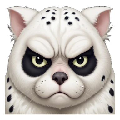 Cinematic Meme-Worthy Grumpy Dalmatian Portrait Emoji, Head held high but eyes filled with dramatic disappointment, smooth white fur speckled with striking black spots, deeply furrowed brow forming an unmistakable scowl, floppy ears slightly angled back in disapproval, piercing dark eyes glaring with pure exasperation, Simplified yet hilariously over-exaggerated features, highly detailed, glowing with an aura of supreme annoyance, high shine, exhausted yet judgmental, stylized with an almost regal pettiness, bright but brooding, soft glowing outline, capturing the essence of a companion that has seen it all and is thoroughly unimpressed, so meme-worthy it feels like it could instantly become the next viral sensation of grumpiness! sticker