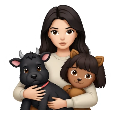Kendall Jenner with long dark hair holding a brown teddy bear, a black schnauzer and a cow cat in her arms sticker