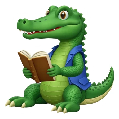 A claymation-style academic alligator with a book. The background is a solid white circle sticker