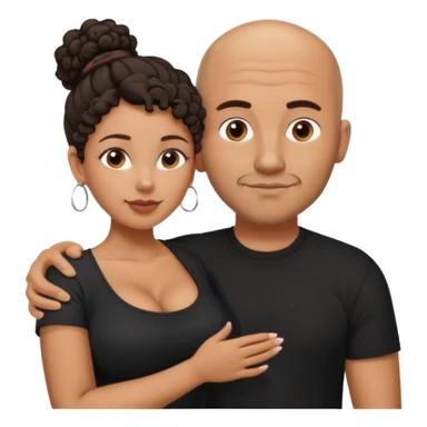 A picture of a tanned couple with the man's arm on her. the man is a Mexican man with tanned skin, a bald hair cut, short beard and wearing a black shirt. the woman is mixed, with curly dark brown hair in a messy bun and with big boobs  sticker
