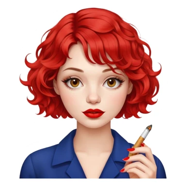 Alluring French girl french wavy textured bob haircut tousled hair red lips and cigarette sticker