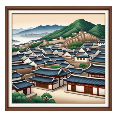 Cinematic Realistic Bukchon Hanok Village Landmark Emoji, depicted with traditional Korean houses set against a scenic backdrop rendered with detailed textures and warm, inviting lighting. sticker