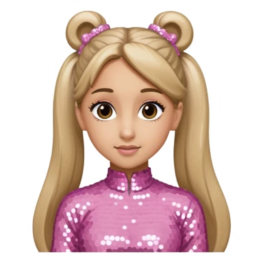 Ariana Grande with long dark blonde ponytail hair, light pink sequin outfit sticker