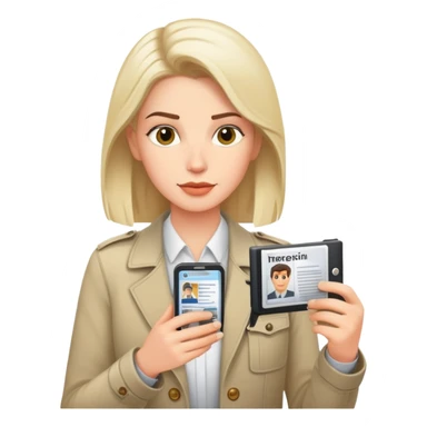 white gender neutral journalist reviewing printed photos, press badge visible sticker