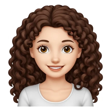 aesthetic white girl with dark brown long curly hair and black eyes  , white top sticker