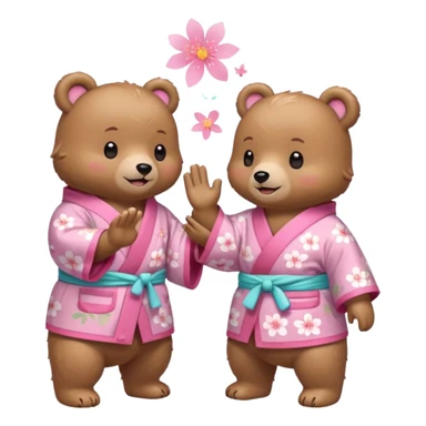 Two cute light-brown bears wearing pastel pink sakura-patterned kimonos, normal balanced body ratio.  
Facing each other and giving a joyful high-five with happy smiling faces and small spark effects.  
Kawaii emoji style, minimalistic clean sticker illustration, white background. sticker