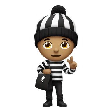 Guy wearing all black and white stripes and a black beanie holding a bag with the $ symbol on it sticker
