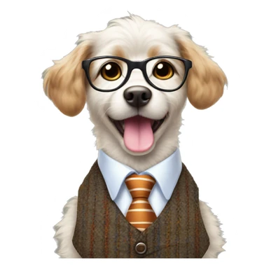 
The dog is small and fluffy, wearing a tweed vest, striped tie, and round glasses, giving it a playful, intelligent look. Its bright eyes and joyful expression, with its tongue sticking out, add to its cheerful charm sticker