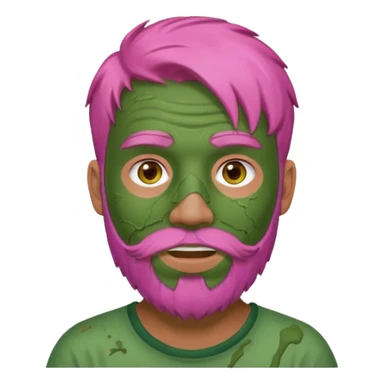 pink haired man with full full face dirty messy green clay mask and beard sticker
