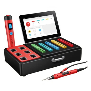 Open professional black testing case on wooden desk. Interior: control panel with colored sockets, USB ports, and power outlet. Inside: a roll of white QR-code calibration stickers. Hand using a red test probe.  sticker