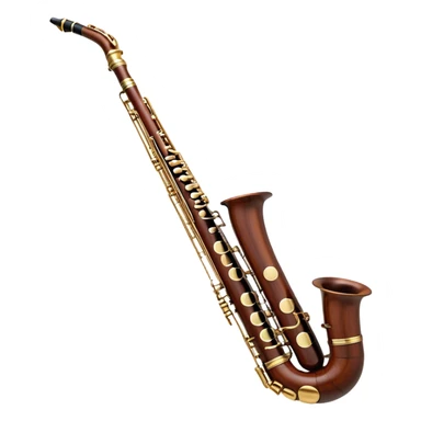 Create an elegant and detailed emoji representing a professional bassoon. The design should feature the sleek wooden body of the bassoon with its rich wood tones, showing the intricate keywork and metal springs. The metal tubing of the instrument should be clearly visible, with polished brass accents. Highlight the bell and the distinctive, curved shape of the instrument. The mouthpiece and reed should be visible at the top, emphasizing the functional details. Use warm wood tones like dark brown, with gold and brass accents for the keys and fittings. Add soft musical notes or soundwaves to represent the deep, resonant sound of the bassoon. The background should be transparent. sticker