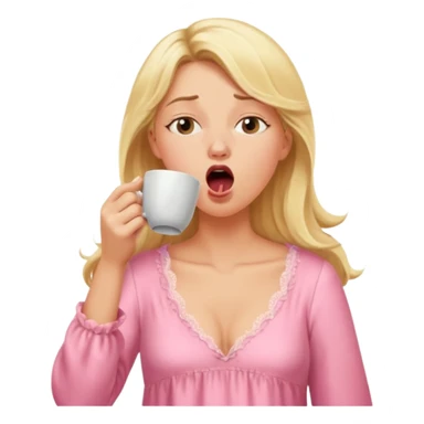 A blonde woman in a pink nightgown yawns, looking sleepy with dark circles under her eyes, drinking coffee, looking like she just woke up. sticker