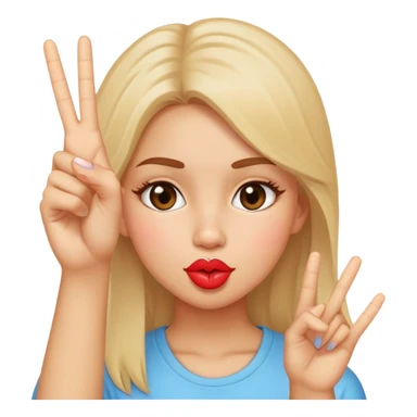 Girl making kissy face holding up peace sign sticker