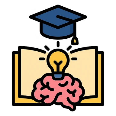 Flat design icon for 'Learning / Knowledge' illustrating an open book, graduation cap, or brain with lightbulb, maintaining a clean and modern look. sticker