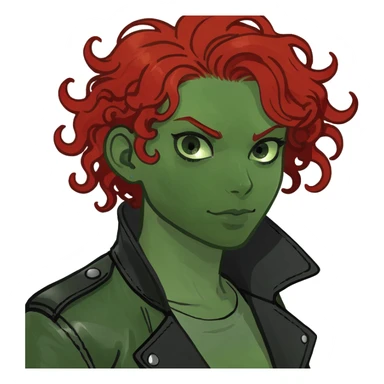 A person half human half zombie curly red hair wearing a black leather jacket sticker