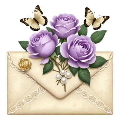 A delicate still life of an aged love letter sealed with golden wax, placed on a vintage lace doily, accompanied by a bouquet of pale purle roses and white peonies, with a shimmering pearl butterfly resting on the envelope. sticker