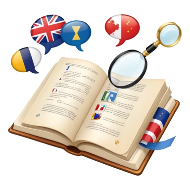 An icon featuring an open book, a pen, and speech bubbles, symbolizing philology and linguistics. The design includes alphabet letters, a magnifying glass, and flags of different countries, representing global languages and communication. Transparent background highlights language study. sticker