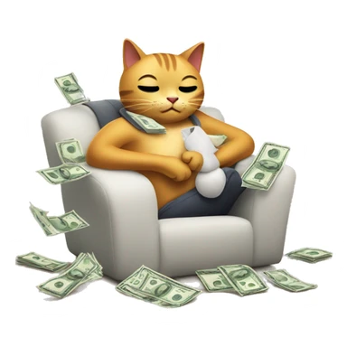 CAT EMOJI CHARACTER WITH ARMS AND LEGS WITH MONEY AMONGST OTHER EMOJI CHARACTERS RELAXING sticker