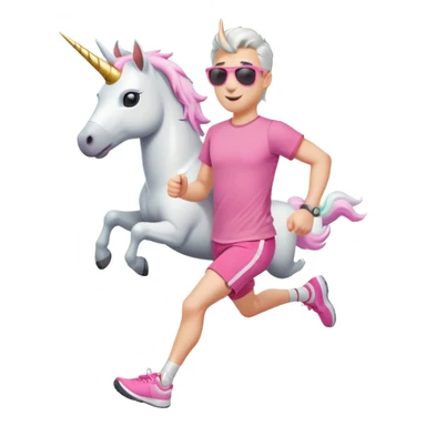friendly anthropomorphised male white unicorn in grey shorts and pink t-shirt, wearing dark sunglasses, jogging upright in a relaxed pose sticker