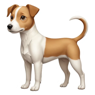 a full body facing front on of a buff white beagle cross jack russell terrier looking dog the size of a kelpie with light brown long ears resting on its face and a light brown patch above one eye and a large snout. the rest of the dog is completely white.  sticker