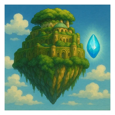 Add the princess's flying stone (levitation crystal) from 'Le Château dans le Ciel' to the scene, glowing and floating near Laputa, in the same Ghibli cartoon style. Do not include the princess. sticker
