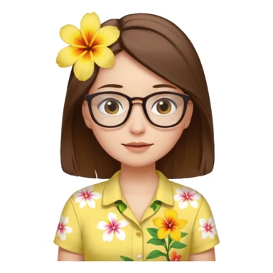 female with white skin. Shoulder length straight brown hair. Brown eyes with glasses. Hawaiian Flower in hair. Female wearing baby yellow shirt. sticker