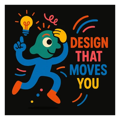 abstract mascot character for a black website, playful and energetic, with visual cues of thinking and creativity in motion, bright lively colors, imaginative style, for a creative tech portfolio, includes the tagline 'Design That Moves You' sticker
