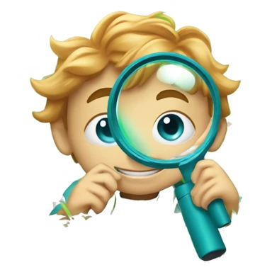 Little boy with blue/turquoise eyes, no glasses, and strawberryblonde slighty wavy hair crouching down low in a lot of green grass. He is holding a magnifying glass, closely examining nature and looking happy/curious sticker