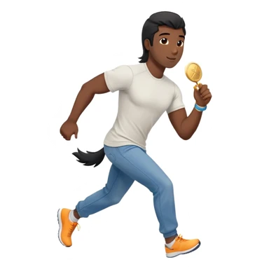 friendly anthropomorphised black stallion in jeans and a t-shirt, jogging upright in relaxed pose, holding a medal sticker