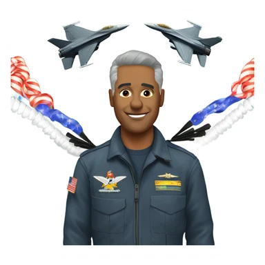 Old fighter pilot standing on ground with F-16 dropping new year streamers from the sky sticker