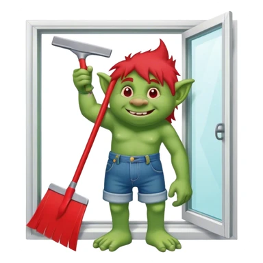 Troll wearing jorts cleaning a window using red squeegee sticker
