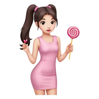 Girl with long dark ponytails wearing light pink bodycon dress holding a lollipop sticker