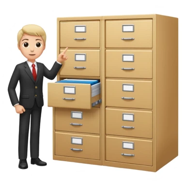 A person in business attire pointing to a tall filing cabinet, indicating document organization. sticker