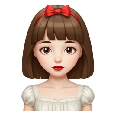 pale girl with chest-length straight brown hair, bangs above the eyebrows covering the forehead, brown almond-shaped eyes, red lips, V-shaped face, small thin nose, wearing a white bouffant dress sticker