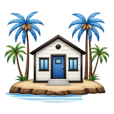 A full square 1 by 1   white and blue stripe building  horizontally with brown wooden door on a island with palm trees  sticker