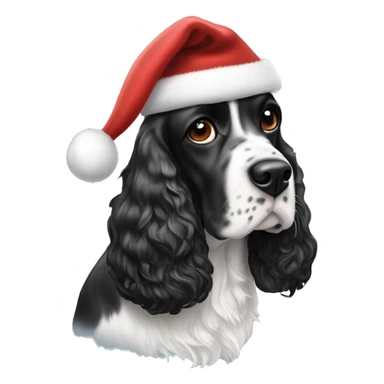 black and white english cocker spaniel with spots on nose and santa hat sticker