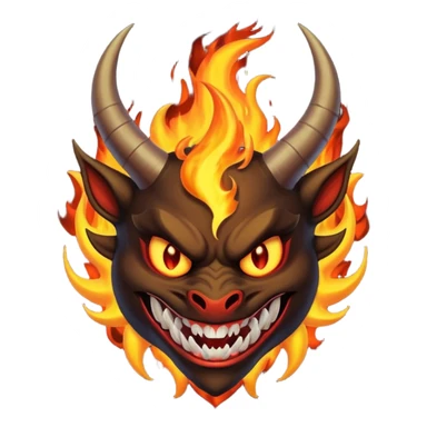 Create a dark-themed emoji of a demonic face with sharp, curved horns, glowing white eyes, an evil grin with large pointed fangs, and abstract flame-like patterns around the face.  sticker