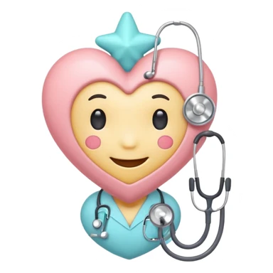 Cute pastel emoji of a smiling heart wearing a stethoscope like a hug, tiny brain inside, little sparkle star, soft glow, rounded edges, cozy and aesthetic. sticker