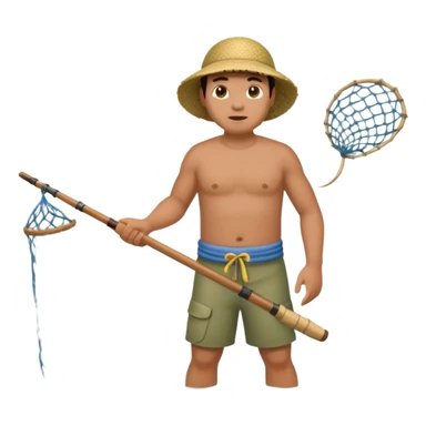 A Polynesian fisherman standing in the water fishing with a large net sticker